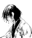  1boy blood blood_drop blood_in_hair blood_on_clothes blood_on_face closed_mouth halorane ishikawa_goemon_xiii japanese_clothes long_sleeves looking_down lupin_iii male_focus messy_hair monochrome profile short_hair simple_background solo upper_body 