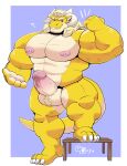 abs absurd_res anthro balls blonde_hair chair dragon fangs flexing flexing_bicep furniture genitals hair hi_res horn kofu_grizzly_chubby male mammal muscular nipples pecs pink_nipples pubes reptile scalie showing_teeth simple_background smile smirk solo tail teeth yellow_body