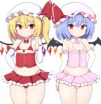  2girls bat_wings cameltoe collar flandre_scarlet flat_chest hat mob_cap multiple_girls red_eyes remilia_scarlet revealing_clothes ribbon rizento skirt swimsuit thigh_gap thighs touhou wings 