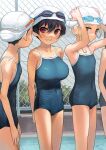  4girls black_hair blonde_hair blue_swimsuit blush breasts collarbone commentary_request covered_navel covered_nipples flat_chest goggles goggles_on_head highres kaedeko_(kaedelic) lady_flat_chest_(kaedeko) large_breasts looking_at_another multiple_girls one-piece_swimsuit oppai_loli original red_eyes revision sasaki_kanna_(kaedeko) school_swimsuit smile standing swimsuit 