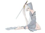  1girl arm_up bare_legs barefoot blue_eyes breasts chinese_clothes closed_mouth collarbone dress from_side full_body grey_dress grey_hair hair_flowing_over hair_ornament hanfu highres holding holding_sword holding_weapon kneeling leaning_back long_hair long_sleeves looking_to_the_side medium_breasts navel no_bra no_panties ponytail rwby sash scar scar_across_eye see-through see-through_dress shrug_(clothing) simple_background smile soles solo strapless strapless_dress sword unsheathed very_long_hair wangxiii weapon weiss_schnee white_background white_hair wide_sleeves yaopei 