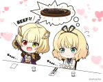  2girls :d armor black_gloves black_ribbon black_shirt blazer blonde_hair blue_eyes blush breastplate charlotte_(shironeko_project) chibi closed_mouth collared_shirt commentary_request cup drinking_glass english_text fang flying_sweatdrops food fork gloves gochuumon_wa_usagi_desu_ka? good_meat_day green_eyes grey_jacket hair_ribbon heart heart_background heterochromia holding holding_fork holding_knife hungry jacket kirima_syaro knife meat mitya multiple_girls necktie on_chair outstretched_arm plaid_necktie red_eyes revision ribbon school_uniform shironeko_project shirt simple_background sitting smile stomach_growling table twitter_username uchida_maaya v-shaped_eyebrows voice_actor_connection water white_background 