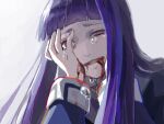  1girl bad_drawr_id bad_id blood blood_from_mouth blood_on_face blue_dress blunt_bangs crying crying_with_eyes_open dannoura_yuuki dress frederica_bernkastel grey_background hand_on_own_face long_hair long_sleeves looking_at_viewer oekaki pale_skin parted_lips red_eyes sidelocks solo tears umineko_no_naku_koro_ni 