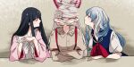  3girls black_hair commentary_request crossed_arms fujiwara_no_mokou girl_sandwich houraisan_kaguya kamishirasawa_keine light_smile long_hair meme mokoiscat motion_blur multicolored_hair multiple_girls parody profile sandwiched signature the_weaker_sex_1_(gibson) touhou two-tone_hair upper_body wide_sleeves 