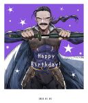  1boy armor black_hair cape cyan_garamonde facial_hair final_fantasy final_fantasy_vi hair_ribbon happy_birthday highres holding long_hair male_focus mustache nnnmmg0725 ponytail ribbon samurai smile star_(symbol) sword weapon wrinkled_skin 