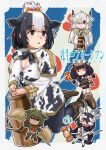  5girls absurdres adapted_costume animal_ears animal_print aurochs_(kemono_friends) banteng_(kemono_friends) black_cape black_eyes black_hair black_pantyhose black_shirt black_skirt blackbuck_(kemono_friends) boots bottle bow brown_eyes brown_footwear butter_churn camouflage camouflage_shirt camouflage_skirt cape capelet collared_shirt cosplay cow_ears cow_girl cow_horns cow_print cow_tail detached_sleeves elbow_gloves extra_ears frieren frieren_(cosplay) frilled_skirt frills gloves green_hair hair_between_eyes hair_bow hair_bun hair_over_one_eye highres holstein_friesian_cattle_(kemono_friends) horns kemono_friends long_hair long_sleeves midriff milk_bottle multicolored_hair multiple_girls navel necktie orange_bow orange_eyes ox_ears ox_girl ox_horns ox_tail pantyhose pencil_skirt pleated_skirt print_shirt puffy_short_sleeves puffy_sleeves red_eyes red_necktie scales shirt short_hair short_sleeves sidelocks skirt sousou_no_frieren tail toriny twintails two-tone_hair weapon white_gloves white_hair white_pantyhose white_shirt white_skirt yak_(kemono_friends) 