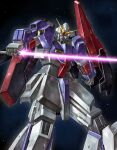  asaba_naoto beam_rifle blue_eyes clenched_hand energy_gun gundam holding holding_sword holding_weapon looking_at_viewer mecha mobile_suit no_humans robot science_fiction shield solo space sword v-fin weapon zeta_gundam zeta_gundam_(mobile_suit) 
