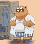2024 anthro belly big_belly black_nose brown_body bulge canid canine clothing kemono male mammal overweight overweight_male raccoon_dog shirt solo tanuki topwear toshi_(artist) underwear