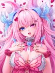  1girl absurdres blue_eyes blue_horns breasts butterfly_hair_ornament canaria_(vtuber) cleavage collar demon_girl demon_horns earrings flower gradient_horns hair_ornament hairclip hands_on_own_chest heart heart-shaped_lock heart-shaped_pupils heterochromia highres horns indie_virtual_youtuber jewelry large_breasts metal_collar mole mole_on_breast multicolored_horns open_mouth pink_eyes pink_flower pink_hair pink_horns pink_petals pink_rose pointy_ears rose second-party_source solo symbol-shaped_pupils teeth twitter_username upper_body upper_teeth_only virtual_youtuber wijwitchangel 