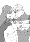  2boys abs bara bare_pectorals blonde_hair blush bodysuit captain_america captain_america_(series) clothes_lift dual_persona fingerless_gloves gloves greyscale large_pectorals looking_at_viewer marvel mask monochrome multiple_boys muscular muscular_male mxsxe nipple_piercing nipples open_mouth pectorals piercing short_hair simple_background upper_body v yaoi 