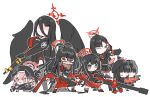  6+girls ahoge antenna_hair anti-materiel_rifle black_hair black_serafuku black_wings blood blood_halo blood_on_clothes blue_archive bolt_action breasts charm_(object) chibi fingerless_gloves garter_straps gloves grey_eyes gun hair_ornament hairclip halo hasumi_(blue_archive) head_wings holding holding_gun holding_weapon huge_breasts ichika_(blue_archive) justice_task_force_(blue_archive) justice_task_force_member_(blue_archive) koharu_(blue_archive) lever_action long_skirt looking_afar looking_at_viewer low_wings mashiro_(blue_archive) melting_halo multiple_girls pink_eyes pink_hair red_eyes red_halo rifle school_uniform scope serafuku shotgun simple_background skirt sniper_rifle sweatdrop syoya_ko thighhighs tongue tongue_out tsurugi_(blue_archive) weapon white_background winchester_model_1887 winged_halo wings 