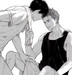  2boys 2red_1 clothes_grab eye_contact feet_out_of_frame forehead-to-forehead greyscale heads_together highres imminent_kiss leaning_forward looking_at_another male_focus monochrome multiple_boys parted_lips rukawa_kaede sakuragi_hanamichi short_hair simple_background sitting slam_dunk_(series) tank_top white_background yaoi 