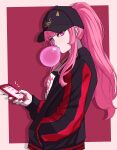  1girl absurdres baseball_cap blunt_bangs breasts bubble_blowing cellphone commentary from_side hand_in_pocket hat high_ponytail highres holding holding_phone hololive hololive_english ice_(10222) jacket jewelry large_breasts long_hair looking_at_viewer mori_calliope necklace pale_skin phone profile red_nails sidelocks smartphone solo striped_sleeves underwear virtual_youtuber 