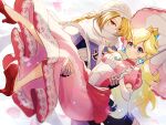  2girls blonde_hair blue_eyes braid braided_ponytail carrying carrying_person closed_mouth commentary_request crown dress earrings elbow_gloves eyelashes gloves hair_between_eyes high_heels highres holding holding_umbrella jewelry long_hair mario_(series) mask mouth_mask multiple_girls norimaki_(nrmk_norinori) pink_dress princess_peach red_eyes red_footwear scarf sheik super_smash_bros. the_legend_of_zelda the_legend_of_zelda:_ocarina_of_time turban umbrella white_background white_gloves white_scarf 