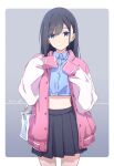  1girl black_hair black_skirt blue_eyes blue_shirt closed_mouth commentary_request dated gradient_background grey_background highres jacket long_sleeves looking_at_viewer midriff monai-chan_(nii_manabu) multicolored_clothes multicolored_jacket nii_manabu open_clothes open_jacket original pink_jacket pleated_skirt shirt signature skirt sleeves_past_fingers sleeves_past_wrists solo thighs two-tone_background two-tone_jacket white_background white_jacket 