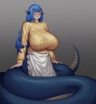  animal_humanoid apode apron big_breasts black_pupils blue_body blue_hair blue_scales breasts cinko clothed clothing colored digital_media_(artwork) draconcopode ear_fins female fin front_view fully_clothed grey_background grey_body grey_eyes grey_scales hair hi_res huge_breasts humanoid lamia legless light_body light_skin long_hair looking_at_viewer monotone_hair multicolored_body multicolored_scales portrait pupils reptile reptile_humanoid scales scalie scalie_humanoid serpentine shaded silver_eyes simple_background snake snake_humanoid solo split_form standing sweater topwear two_tone_body two_tone_scales yellow_clothing yellow_sweater yellow_topwear 