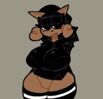 aliasing anthro beanie belly black_clothing black_hoodie black_legwear black_nose black_thigh_highs black_topwear brown_body brown_fur brown_hair clothed clothing curled_hair curvy_figure digital_media_(artwork) domestic_cat eyelashes featureless_crotch felid feline felis female fupa fur grey_background hair hands_behind_back hat headgear headwear hoodie legwear mammal partially_clothed portrait probablydemo reese_(probablydemo) simple_background slightly_chubby solo standing thick_thighs thigh_highs three-quarter_portrait topwear voluptuous wide_hips