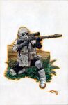  1boy artist_name black_gloves boots fern full_body gloves gun helmet highres holding holding_gun holding_weapon lucasmarangon on_one_knee painting_(medium) plant rifle scout_trooper simple_background solo star_wars traditional_media watercolor_(medium) weapon white_background white_footwear 