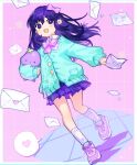  aubrey_(omori) bow bright_pupils collared_shirt envelope hair_behind_ear heart holding holding_envelope looking_to_the_side omori purple_bow purple_eyes purple_footwear purple_hair purple_skirt shionty shirt shoes skirt smile sneakers speech_bubble white_pupils white_shirt 
