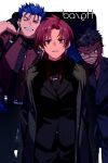  1girl 2boys angra_mainyu_(fate) bazett_fraga_mcremitz black_hair black_jacket black_necktie black_pants black_suit blue_hair breasts brown_eyes character_name coat collared_shirt cu_chulainn_(fate) cu_chulainn_(fate/stay_night) dark-skinned_male dark_skin dress_shirt earrings echo_(circa) fate/grand_order fate/hollow_ataraxia fate/stay_night fate_(series) grey_coat grin headband jacket jewelry large_breasts long_sleeves looking_at_viewer manannan_mac_lir_(fate) manannan_mac_lir_(first_ascension)_(fate) mole mole_under_eye multiple_boys necktie one_eye_closed open_clothes open_coat pants parted_bangs red_eyes red_hair red_shirt shirt short_hair smile suit tattoo 