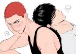  2boys anger_vein arm_support black_eyes black_hair blush buzz_cut head_on_another&#039;s_back highres hoy_sd1110 leaning_back leaning_on_person male_focus multiple_boys red_hair rukawa_kaede sakuragi_hanamichi short_hair simple_background slam_dunk_(series) sleeping speech_bubble upper_body very_short_hair white_background yaoi zzz 