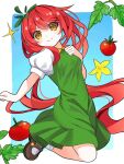  1girl blue_background border brown_footwear dress flower green_dress hand_on_own_chest inset_border leaf looking_at_viewer original personification puffy_short_sleeves puffy_sleeves red_hair short_sleeves smile socks solo tomato tomatomato13136 white_border white_sleeves white_socks yellow_eyes yellow_flower 