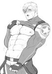  1boy abs bara bare_pectorals belt blush captain_america captain_america_(series) clothes_lift clothes_pull fingerless_gloves gloves greyscale large_pectorals male_focus marvel monochrome muscular muscular_male mxsxe navel nipples one_eye_closed open_mouth pants pants_pull pectorals shirt_lift short_hair solo steve_rogers 