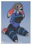  2022 absurd_res alanscampos anthro ball_gag bodily_fluids bound breasts clothed clothing disney eyebrows eyelashes female fur gag gagged grey_body grey_fur hands_behind_back hi_res judy_hopps knee_pads kneeling lagomorph leporid looking_at_viewer mammal pawpads purple_eyes rabbit saliva solo zootopia 