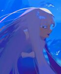  1girl blue_background blue_eyes blue_eyeshadow blue_theme bow eyeshadow fins fish fish_girl grey_bow head_fins highres korean_commentary long_hair looking_at_viewer makeup open_mouth original purple_hair sasi_mozzi1 solo upper_body 