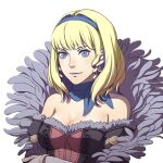  1girl bangs bare_shoulders blonde_hair blue_choker blue_eyes blue_hair blue_hairband breasts choker cleavage colored_inner_hair commentary_request constance_von_nuvelle dress earrings fire_emblem fire_emblem:_three_houses fire_emblem_warriors:_three_hopes fur_trim hairband jewelry kurahana_chinatsu looking_at_viewer medium_breasts multicolored_hair off-shoulder_dress off_shoulder official_art purple_lips short_hair simple_background smile solo upper_body white_background 