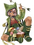  apple arrow_(projectile) black_eyes boots breasts cleavage dark-skinned_female dark_skin demilune_(gate_of_nightmares) food fruit full_body gate_of_nightmares grapes green_footwear green_hoodie grin highres holding holding_arrow hood hoodie looking_at_viewer mashima_hiro meat official_art open_clothes open_hoodie pink_hair short_hair simple_background sitting smile solo teeth transparent_background 