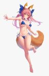  1girl absurdres animal_ear_fluff animal_ears bare_shoulders bikini blue_bikini blush breasts fate/extella fate/extra fate/extra_ccc fate_(series) fox_ears fox_girl fox_tail hair_ornament hair_ribbon highres large_breasts long_hair looking_at_viewer pink_hair ribbon side-tie_bikini_bottom simple_background smile solo swimsuit tail tamamo_(fate) tamamo_no_mae_(fate/extra) tansui_san_(tcjp4784) white_background yellow_eyes 