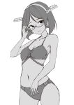  1girl absurdres adjusting_eyewear bikini breasts collarbone covered_navel hairband headgear highres kantai_collection kirishima_(kancolle) looking_at_viewer monochrome multi-strapped_bikini_bottom neve_(morris-minicooper) short_hair simple_background small_breasts solo swimsuit 