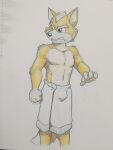 anthro black_nose blue_eyes bulge canid canine cirruskitfox clothed clothing fox fox_mccloud fur hi_res male mammal nintendo open_mouth orange_body orange_fur solo star_fox topless towel towel_only white_body white_fur