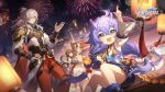  2boys 3girls bailu_(honkai:_star_rail) blue_eyes blush demon_horns fang fireworks honkai:_star_rail honkai_(series) horns jing_yuan multiple_boys multiple_girls open_mouth pants purple_hair qingque_(honkai:_star_rail) red_pants sushang_(honkai:_star_rail) tail white_hair yanqing_(honkai:_star_rail) yellow_eyes 