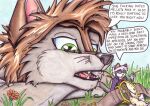  anthro brown_body brown_fur canid canine canis cerberus_(artist) cerberus_(character) clock domestic_cat explicit_text felid feline felis female flower fur grass green_eyes male mammal micro not_big_and_not_clever outside plant snow_(character) speech_bubble teeth_visible watch whiskers wolf 