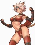  1girl adventurer_(ff11) animal_ears arched_back black_gloves blue_eyes blue_headband breasts brown_tail cactus41747280 cat_ears cat_girl cat_tail cleavage clenched_hands elbow_gloves facial_mark final_fantasy final_fantasy_xi fingerless_gloves fingernails gloves grey_hair grin hair_intakes hands_up headband legs_apart loincloth medium_breasts midriff mithra_(ff11) navel no_eyebrows sharp_teeth short_hair simple_background smile standing tail teeth thighs whisker_markings white_background 