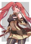  1girl :o absurdres armor blush brown_gloves brown_pants cowboy_shot detached_sleeves fingerless_gloves fire_emblem fire_emblem_awakening gloves hair_between_eyes highres holding holding_sword holding_weapon long_hair looking_at_viewer open_mouth pants pauldrons red_eyes red_hair severa_(fire_emblem) shoulder_armor single_pauldron solo sword twintails very_long_hair weapon yuka7eile 