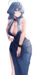  1girl absurdres ako_(blue_archive) ako_(dress)_(blue_archive) black_hairband blue_archive blue_dress blue_eyes blue_hair blue_halo blush breasts cleavage collarbone cuffs dress feet_out_of_frame hair_between_eyes hairband halo handcuffs highres large_breasts long_hair mea_(hwaksal) official_alternate_costume parted_lips sideboob simple_background sleeveless sleeveless_dress solo white_background 