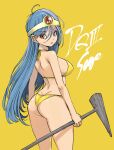  1girl ass bikini blue_hair character_name closed_mouth commentary_request copyright_name dimples_of_venus dragon_quest dragon_quest_iii eyelashes from_behind hair_between_eyes highres holding holding_wand long_hair looking_back muramasa_mikado red_eyes sage_(dq3) simple_background solo standing swimsuit tiara very_long_hair wand yellow_background yellow_bikini 