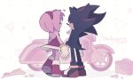  1boy 1girl amy_rose animal_ears boots bz_shawn commentary dress english_commentary english_text from_behind full_body furry furry_female furry_male gloves heart highres holding_hands motor_vehicle motorcycle red_dress red_footwear shadow_the_hedgehog shoes sonic_(series) tail white_gloves 