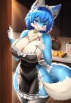 anthro apron big_breasts blush breasts canid canine canis clothed clothing faroula_twitt female female_anthro fingers fox fur hair hi_res kemono looking_at_viewer mammal smile solo tail white_body white_fur