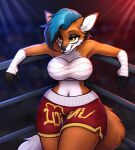 anthro argigen bandage boxers_(clothing) boxing canid canine clothing female fluffy fluffy_ears fluffy_tail fox hi_res lawena_goupil mammal nails piercing smile solo sport tail underwear