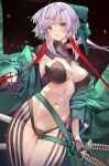  1girl armpit_cutout belt black_bodysuit black_kimono blush bodysuit braided_hair_rings breasts clothing_cutout covered_navel earrings fate/grand_order fate/samurai_remnant fate_(series) green_eyes green_kimono hair_ribbon highres japanese_clothes jewelry katana kimono large_breasts long_hair long_sleeves looking_at_viewer off_shoulder open_clothes open_kimono ponytail ribbon sidelocks solo sword thigh_cutout thighs two-tone_bodysuit ura_illust weapon white_bodysuit white_hair wide_sleeves yui_shousetsu_(fate) yui_shousetsu_(first_ascension)_(fate) yui_shousetsu_(second_ascension)_(fate) 