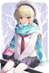  1girl ahoge backpack bag bench beret black_gloves black_skirt blonde_hair blue_scarf breasts facial_mark fate/grand_order fate_(series) gloves hair_intakes hair_ribbon hat highres ikegami_akane long_sleeves looking_at_viewer medium_hair neckerchief nero_claudius_(fate) open_mouth pantyhose plaid plaid_scarf pleated_skirt queen_draco_(fate) red_eyes red_neckerchief ribbon scarf school_uniform serafuku shirt sitting skirt small_breasts solo white_headwear white_pantyhose white_shirt 