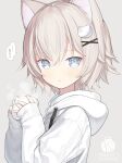 ... 1girl :o animal_ear_fluff animal_ears baozi blue_eyes blush brown_hair capriccio cat_ears cat_hair_ornament commentary_request drawstring food grey_background hair_between_eyes hair_ornament hairclip hands_up holding holding_food hood hood_down hoodie long_sleeves looking_at_viewer original parted_lips puffy_long_sleeves puffy_sleeves simple_background sleeves_past_wrists solo spoken_ellipsis steam translation_request upper_body white_hoodie x_hair_ornament 