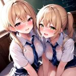  ai-generated blonde_hair blouse breasts necktie non-web_source ponytail school shirt shy skirt thighs wet 