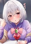  1girl alcohol blush bow bowtie breasts collared_dress cup dress drinking_glass drunk grey_hair hair_between_eyes highres kishin_sagume large_breasts long_sleeves looking_at_viewer niko_kusa open_mouth purple_dress red_bow red_bowtie red_eyes short_hair solo touhou wine wine_glass 