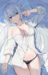  1girl black_panties blue_eyes breasts elf from_above grey_hair highres large_breasts long_hair long_pointy_ears looking_at_viewer lying may9 navel no_bra on_back original panties partially_unbuttoned pillow pointy_ears shirt solo underwear very_long_hair white_shirt 
