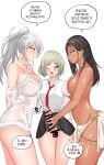  3girls age_difference ark_ryu black_hair blush breasts cum cum_overflow dark-skinned_female dark_skin earrings eternity_(reverse:1999) futanari gradient_skin handjob highres indian jewelry kaalaa_baunaa korean_text large_breasts multiple_girls necktie one_eye_closed open_mouth revealing_clothes reverse:1999 sideboob single_earring speech_bubble vertin_(reverse:1999) white_hair 